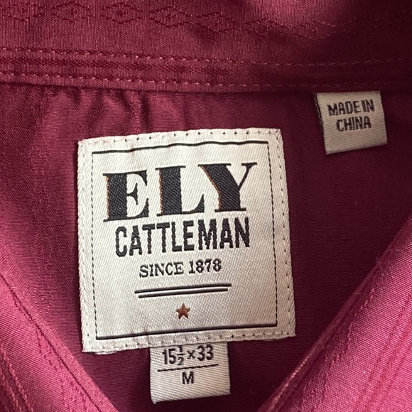 Mens Medium Ely Cattleman Burgundy Pearl Snap Western Button Down - Picture 4 of 13